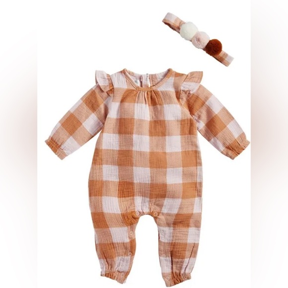 MUD PIE ORANGE PLAID BODYSUIT & HEADBAND SET• SIZE 9-12 MONTHS - Picture 1 of 8